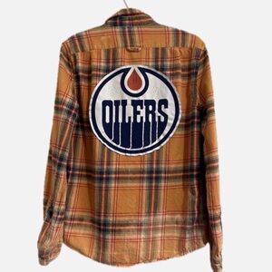 Upcycled “ Oilers” Plaid Flannel Shirt - Orange and Blue Cotton